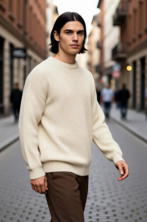 Erkek Geniş Kalıp Bisiklet Yaka Düz Baskısız Kalın Triko Kazak Kış Sezonu İçin İdeal Model