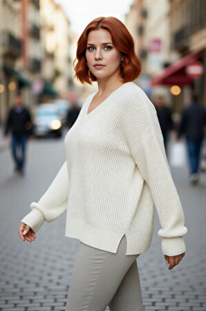 Kadın Rahat Kesim Akrilik Triko Kazak Renk Bloklu V Yaka Uzun Kollu Selanik Örgü Kış Stili