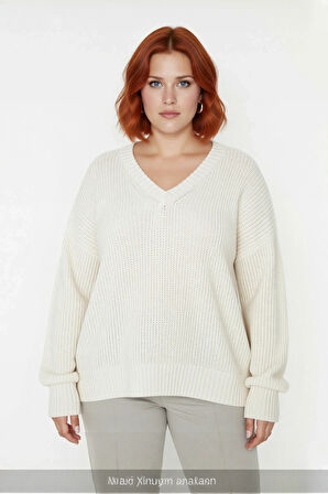 Kadın Rahat Kesim Akrilik Triko Kazak Renk Bloklu V Yaka Uzun Kollu Selanik Örgü Kış Stili