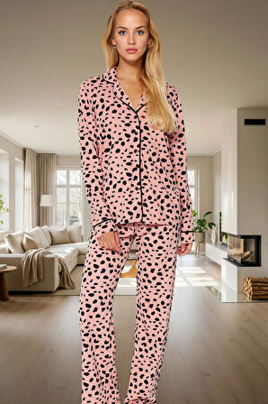 Şık ve Rahat Kışlık Pijama Takımı Leopar Desenli Pamuklu Örme Seçkin Malzeme Yüksek Kalite