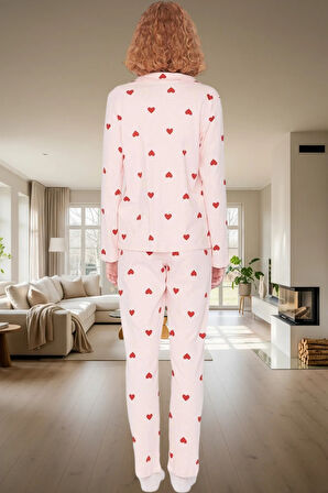Rahat ve Şık %100 Pamuklu Kalpli Pijama Takımı Kış İçin İdeal Zarifane Tasarım
