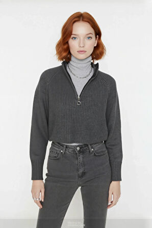 Kadın Selanik Dokuma Regular Kalıp Crop Dik Yaka Fermuarlı Uzun Kollu Triko Kazak Günlük Şıklık