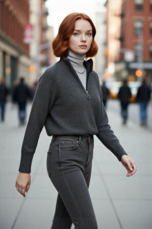 Kadın Selanik Dokuma Regular Kalıp Crop Dik Yaka Fermuarlı Uzun Kollu Triko Kazak Günlük Şıklık