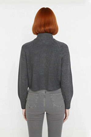 Kadın Selanik Dokuma Regular Kalıp Crop Dik Yaka Fermuarlı Uzun Kollu Triko Kazak Günlük Şıklık