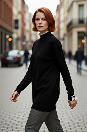 Kadın Feminine Persona Kışlık Regular Kalıp Düşük Kol Pike Dokuma Düz Desen Tunik Kazak Modeli