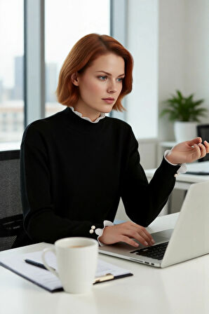 Kadın Feminine Persona Kışlık Regular Kalıp Düşük Kol Pike Dokuma Düz Desen Tunik Kazak Modeli