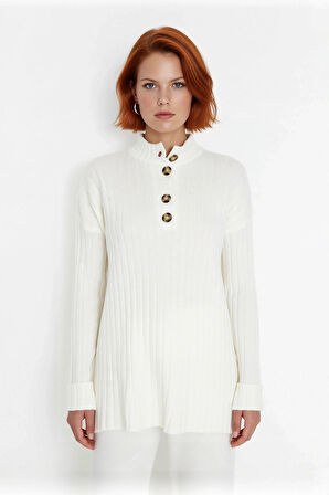 Kadın Ekru Rahat Kalıp Düz Desen Düğmeli Yaka Triko Kazak Sonbahar Kış Gardıropların Yıldızı