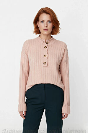 Kadın Ekru Rahat Kalıp Düz Desen Düğmeli Yaka Triko Kazak Sonbahar Kış Gardıropların Yıldızı