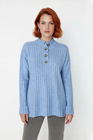 Kadın Ekru Rahat Kalıp Düz Desen Düğmeli Yaka Triko Kazak Sonbahar Kış Gardıropların Yıldızı