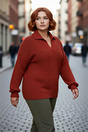 Kadın Basic Selanik Örgü Polo Yaka Relaxed Kalıp Akrilik Triko Kazak Soğuk Günlerin Vazgeçilmezi