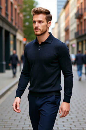 Erkek Polo Yaka Düğmeli Triko Kazak Fitted Kalıp Uzun Kol Soğuk Havalarda Şık Seçenek Kaliteli