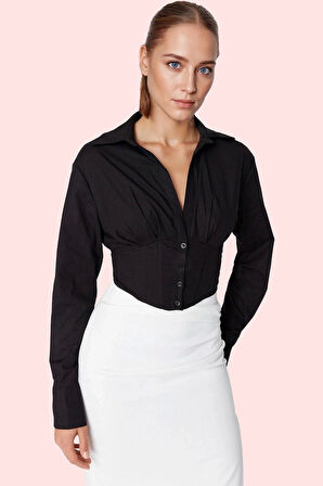 Kadın Astarlı Korse Detaylı Uzun Kollu Poplin Gömlek Pamuk Şıklık Ve Konfor Günlük Kullanım