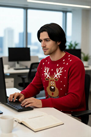 Erkek Regular Fit Bisiklet Yaka Kalın Kırmızı Yılbaşı Temalı Geyik Desenli Triko Kışlık Kazak