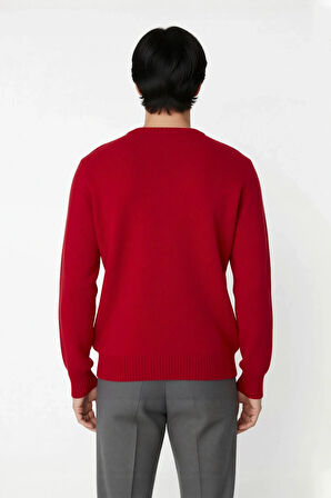 Erkek Regular Fit Bisiklet Yaka Kalın Kırmızı Yılbaşı Temalı Geyik Desenli Triko Kışlık Kazak