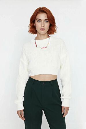 Kadın Ekru Super Crop Basic Triko Kazak Bisiklet Yaka Düşük Kol Rahat Günlük Kombinler İçin