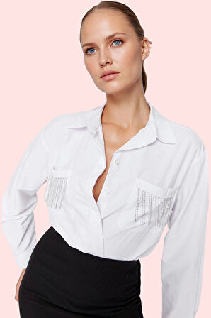 Kadın Düğmeli Uzun Kollu Poplin Gömlek; Oversize Kalıp; Şık Gece Kombinleri Günlük Kullanım