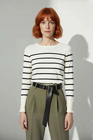 Kadın Modern Ekru Çizgili Bisiklet Yaka Fitted Kesim Triko Kazak İlkbahar Sonbahar Konforu