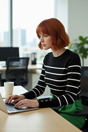 Kadın Modern Ekru Çizgili Bisiklet Yaka Fitted Kesim Triko Kazak İlkbahar Sonbahar Konforu