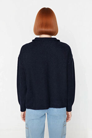 Kadın Oversize Rahat Kesim Düşük Kol Fermuarlı Dik Yaka Triko Selanik Örgü Uzun Kollu Kazak