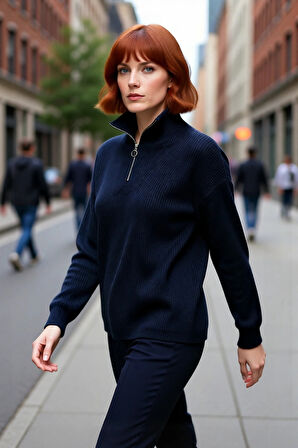 Kadın Oversize Rahat Kesim Düşük Kol Fermuarlı Dik Yaka Triko Selanik Örgü Uzun Kollu Kazak