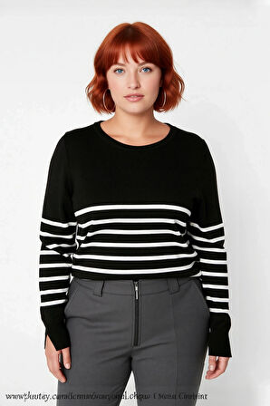 Kadın Bisiklet Yaka Çizgili Triko Kazak Standart Kol Rahat Kalıp Günlük Sonbahar Kış Şıklığı