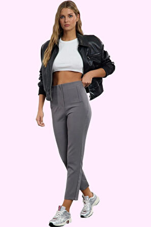 Kadın Polyester Elastan Dokuma Pantolon Yüksek Bel Cigarette Kalıp Tüm Sezonlar Günlük Kullanım