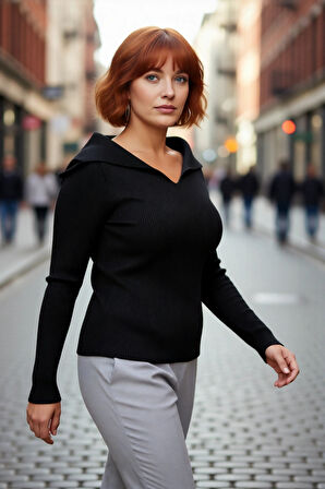 Şık Kadın Siyah Kayık Yaka Bodycone Fitilli Triko Bluz İnce Yapısıyla Soğuklara Meydan Okuyor