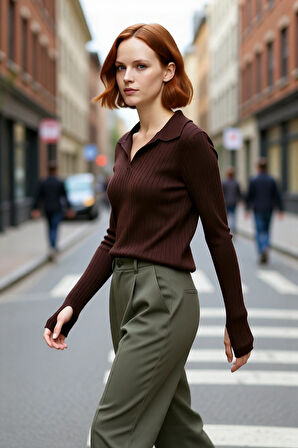 Kadınlar İçin Uzun Kollu Regular Fitilli Triko Kazak Polo Yaka Detaylı Kışlık Şık Görünüm Kaliteli