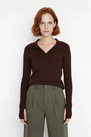 Kadınlar İçin Uzun Kollu Regular Fitilli Triko Kazak Polo Yaka Detaylı Kışlık Şık Görünüm Kaliteli