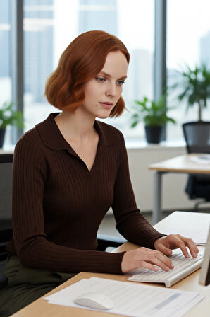 Kadınlar İçin Uzun Kollu Regular Fitilli Triko Kazak Polo Yaka Detaylı Kışlık Şık Görünüm Kaliteli