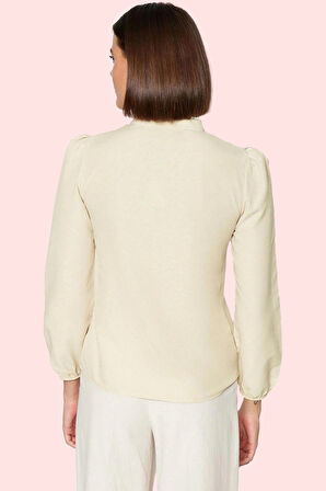 Kadın Basic Dokuma Gömlek Hakim Yaka Uzun Kollu Dantel Detaylı İş Ve Günlük Modern Tasarım