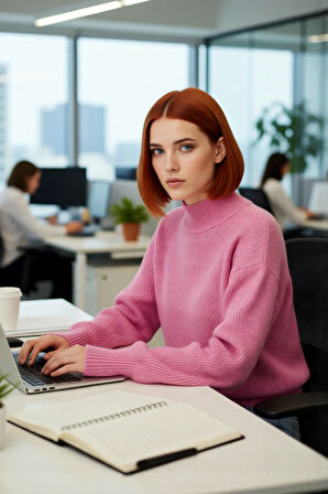 Kadın Oversize Kışlık Triko Kazak Dik Yaka Balon Kol Detaylı Zigzag Desenli Günlük Şıklık Kaliteli