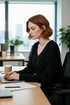 Kadın Basic V Yaka Geniş Kalıp Uzun Kollu Yünlü Triko Kazak Fitilli Dokusuyla Gün Boyu Konfor Sunar