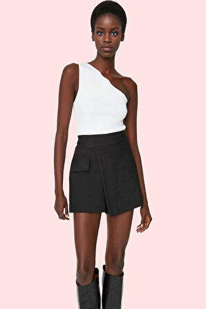 Kadın Kemerli Şort Etek Polyester Viskoz Elastan Yüksek Bel Dokuma Finike Günlük Kombinler