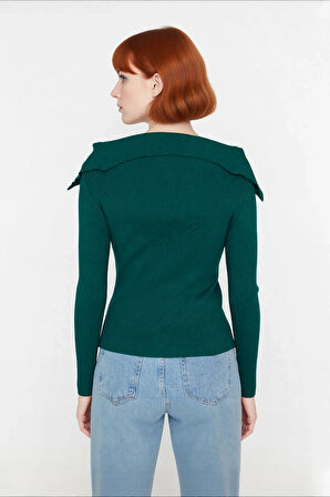 Kadın Modern Fitted Triko Bluz Devrik Carmen Yaka İnce Fitilli Dokuma Uzun Kol Crop Tasarım