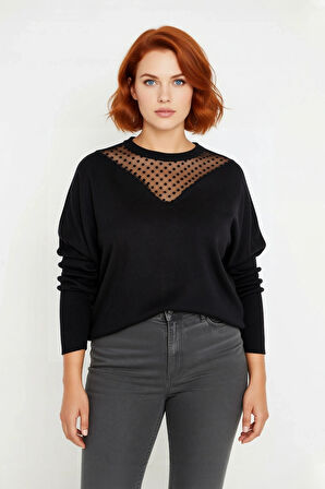 Kadın Düşük Kol Relaxed Fit Bisiklet Yaka Tül Detaylı Triko Kazak Şık ve Konforlu Günlük Kombinler