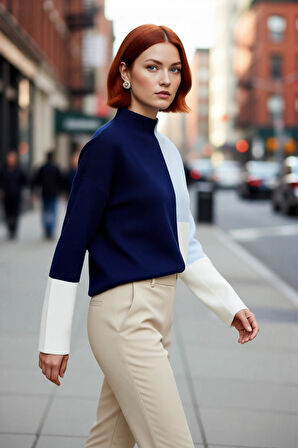 Kadın Casual Ortamlar İçin Dik Yaka Renk Bloklu Standart Kol Triko Kazak Kış Şıklığı Kaliteli