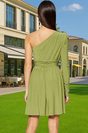 Sandy Dokuma Tek Omuz A Kesim Mini Elbise Polyester Karışımlı Cut Out Detaylı Dayanıklı Malzeme