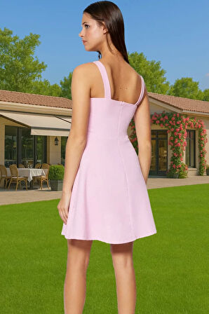 Şık Kare Yaka A Kesim Mini Elbise Polyester Elastan Dokuma Kumaş Şık Görünüm Profesyonel Görünüm