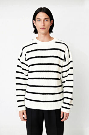 Casual Erkek Kalın Triko Dokulu Bisiklet Yaka Çizgili Oversize Selanik Kışlık Kazak Modeli