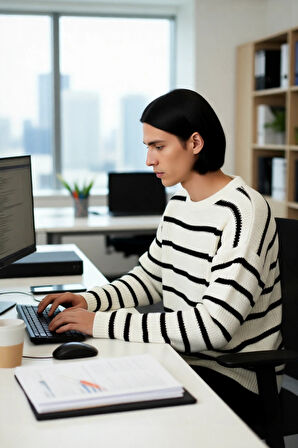 Casual Erkek Kalın Triko Dokulu Bisiklet Yaka Çizgili Oversize Selanik Kışlık Kazak Modeli