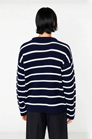 Casual Erkek Kalın Triko Dokulu Bisiklet Yaka Çizgili Oversize Selanik Kışlık Kazak Modeli