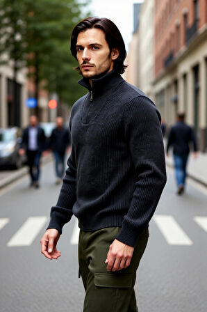 Erkek Casual Giyim İçin İdeal Regular Fit Düz Desen Fermuarlı Balıkçı Yaka Kalın Triko Kazak