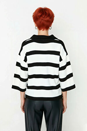 Kadın Regular Kalıp Çizgili Polo Yaka Triko Kazak İlkbahar Sonbahar İçin İdeal Basic Tasarım