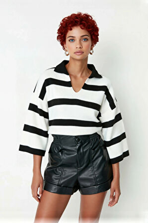 Kadın Regular Kalıp Çizgili Polo Yaka Triko Kazak İlkbahar Sonbahar İçin İdeal Basic Tasarım