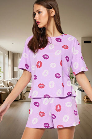 Pamuklu Dudak Desenli Örme Pijama Takımı Yazlık Rahat 2'li Set Premium Kalite
