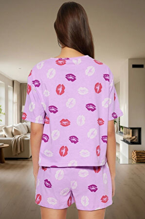 Pamuklu Dudak Desenli Örme Pijama Takımı Yazlık Rahat 2'li Set Premium Kalite