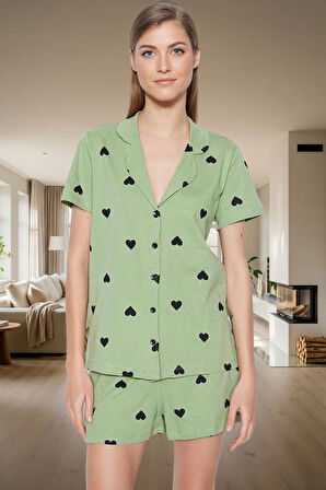 Rahat ve Şık Pamuklu Pijama Takımı Kalpli Desen 2 Parça Yaz Mevsimi Kullanım