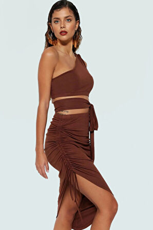 Plaj için Mükemmel Tek Omuzlu Kolsuz Örme Bluz Etek Takım Özel Tasarım Günlük Kullanım İçin