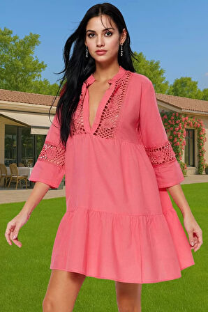 Pamuklu Dantelli V Yaka Mini Yazlık Plaj Elbisesi Kadın Zarifane Tasarım Modern Stil Yüksek Kalite